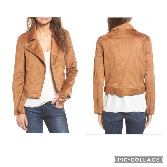 Cupcakes and Cashmere Faux Suede Moto Jacket Brown Tan Buckle Zip Size Small - Picture 2 of 14